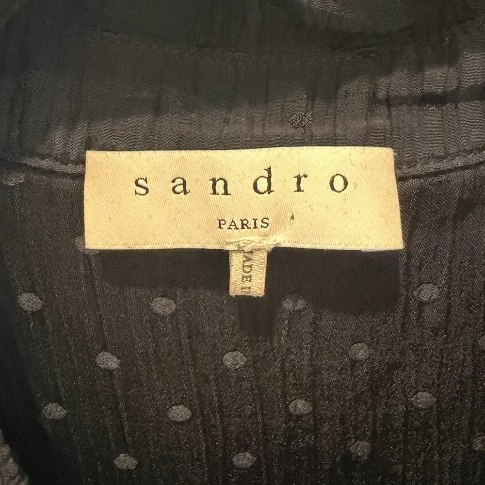 Sandro Paris Navy Swiss Dot Pleated Midi Shirt Dress Scallop Yoke 12 - Picture 13 of 15